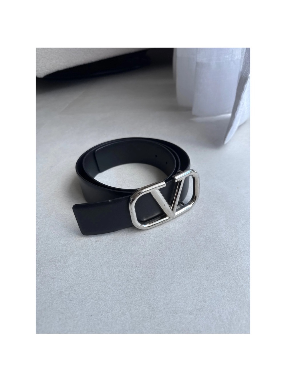 Valentino Garavani Black Leather V-Logo Belt with Silver Buckle